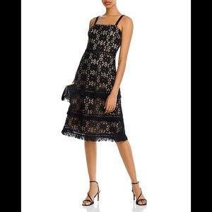 AQUA Sexy Black & Nude Classy Classic Cocktail Party Lace MIDI Dress Sz M NEW